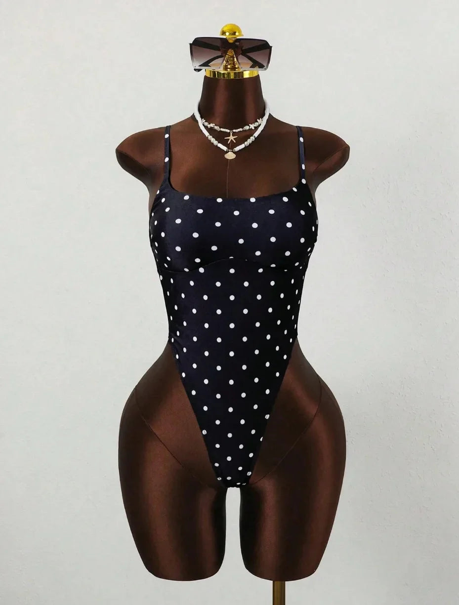 Polka Dot Print One Piece Suits Swimsuit Square Neck Spaghetti Strap High Cut Backless Bodycon Beach Swimwear