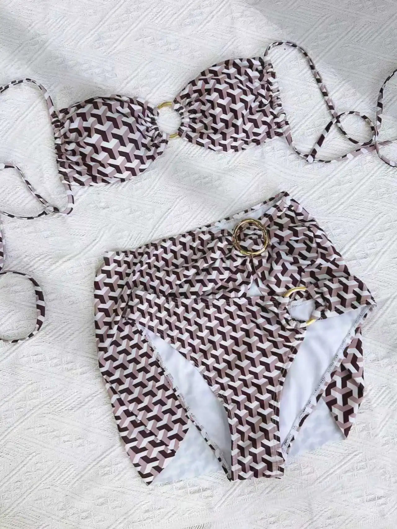 Print 3 Piece Bikinis Bathing Suit Strapless Tube Bikini High Waist Twist Wrap with Dual Metal Ring Hardware Pool Swimwear