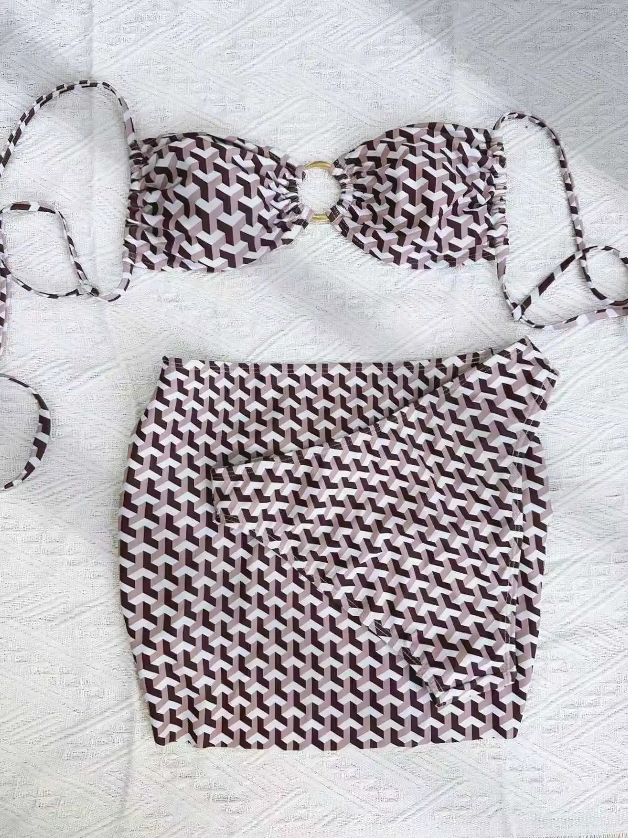 Print 3 Piece Bikinis Bathing Suit Strapless Tube Bikini High Waist Twist Wrap with Dual Metal Ring Hardware Pool Swimwear