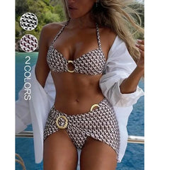 Print 3 Piece Bikinis Bathing Suit Strapless Tube Bikini High Waist Twist Wrap with Dual Metal Ring Hardware Pool Swimwear