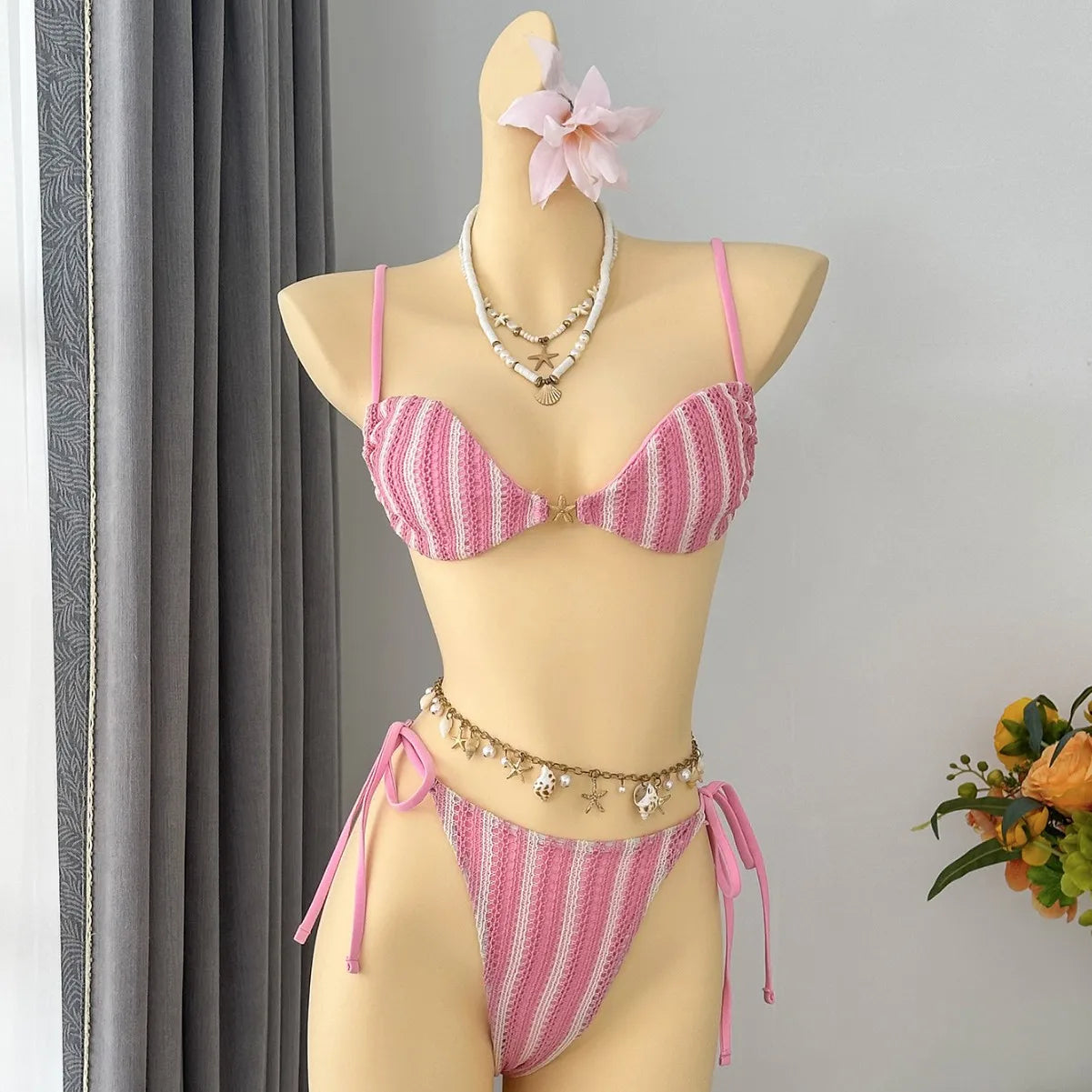 Red White Striped Bikini Set