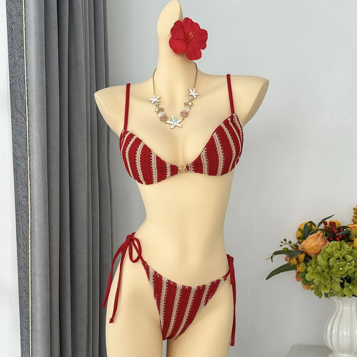 Red White Striped Bikini Set