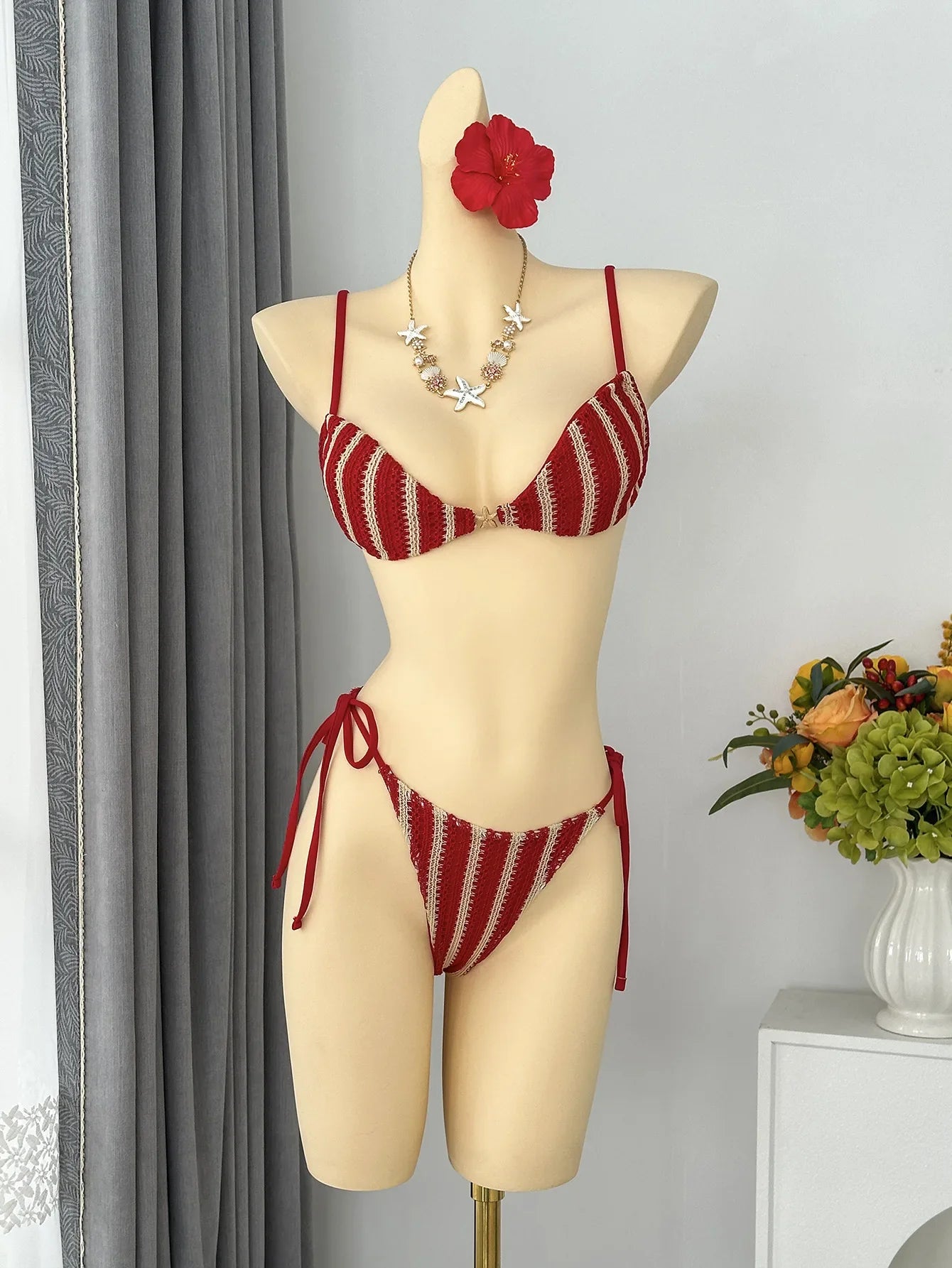 Red White Striped Bikini Set