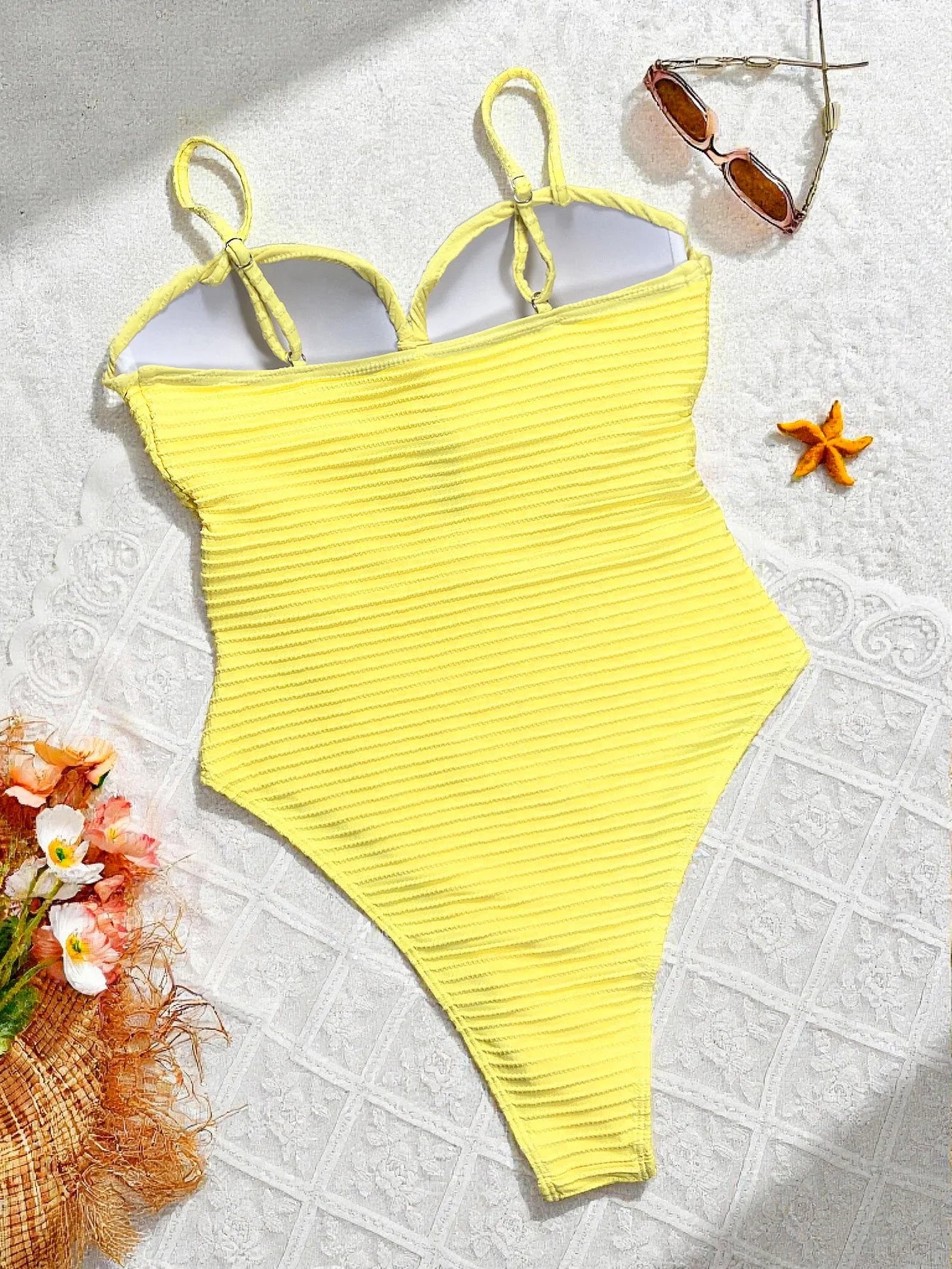 Ribbed One Piece Suits Swimsuit Wrap Cross Front Cutout V Neck Spaghetti Strap High Cut Swimwear Bikinis Bodysuit