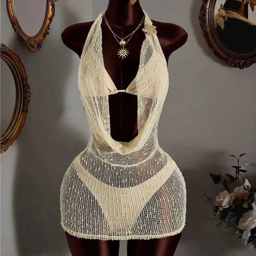 Sheer Fishnet Mesh 3 Piece Bathing Suit Solid Hollow Out Halter Wrap Mini Dress Matching String Bikini Pool Swimwear