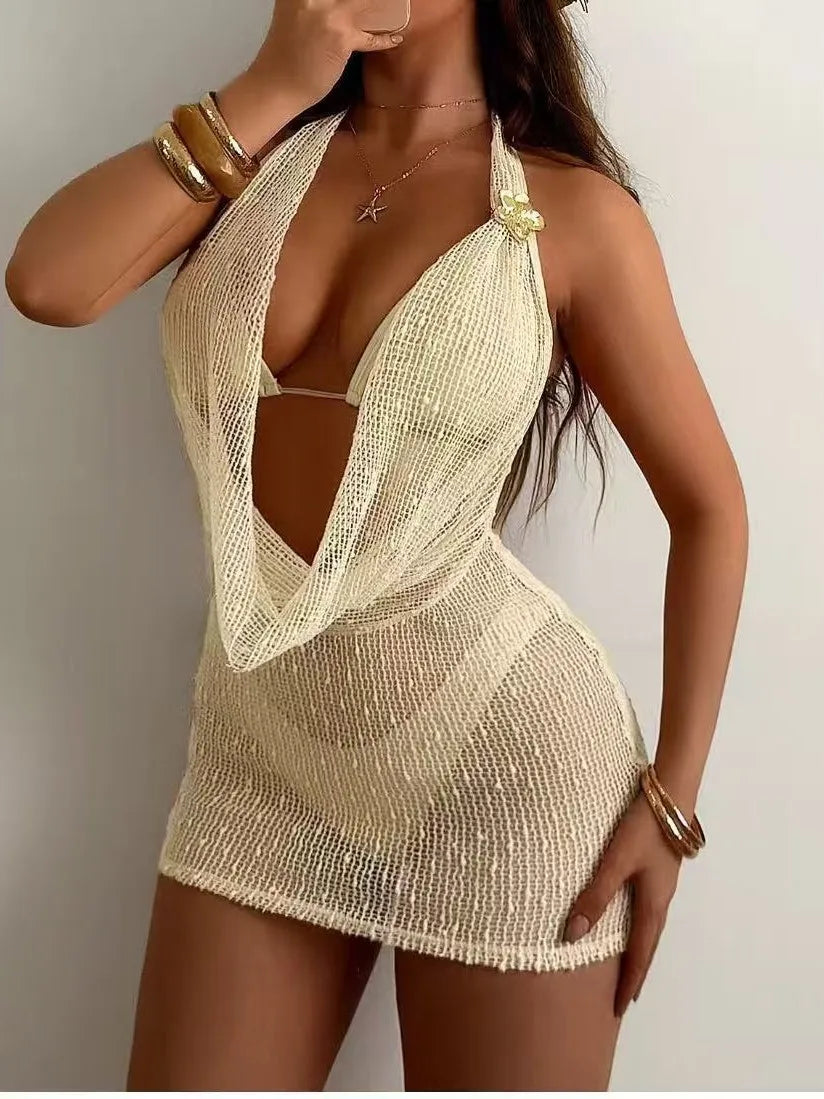 Sheer Fishnet Mesh 3 Piece Bathing Suit Solid Hollow Out Halter Wrap Mini Dress Matching String Bikini Pool Swimwear