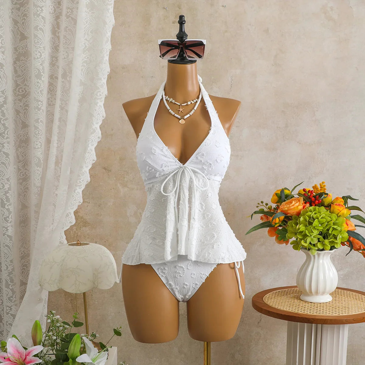 Solid Backless Swimwears Textured Halter Tankini Swimsuit Ruffled Top with Side Tie Bottom