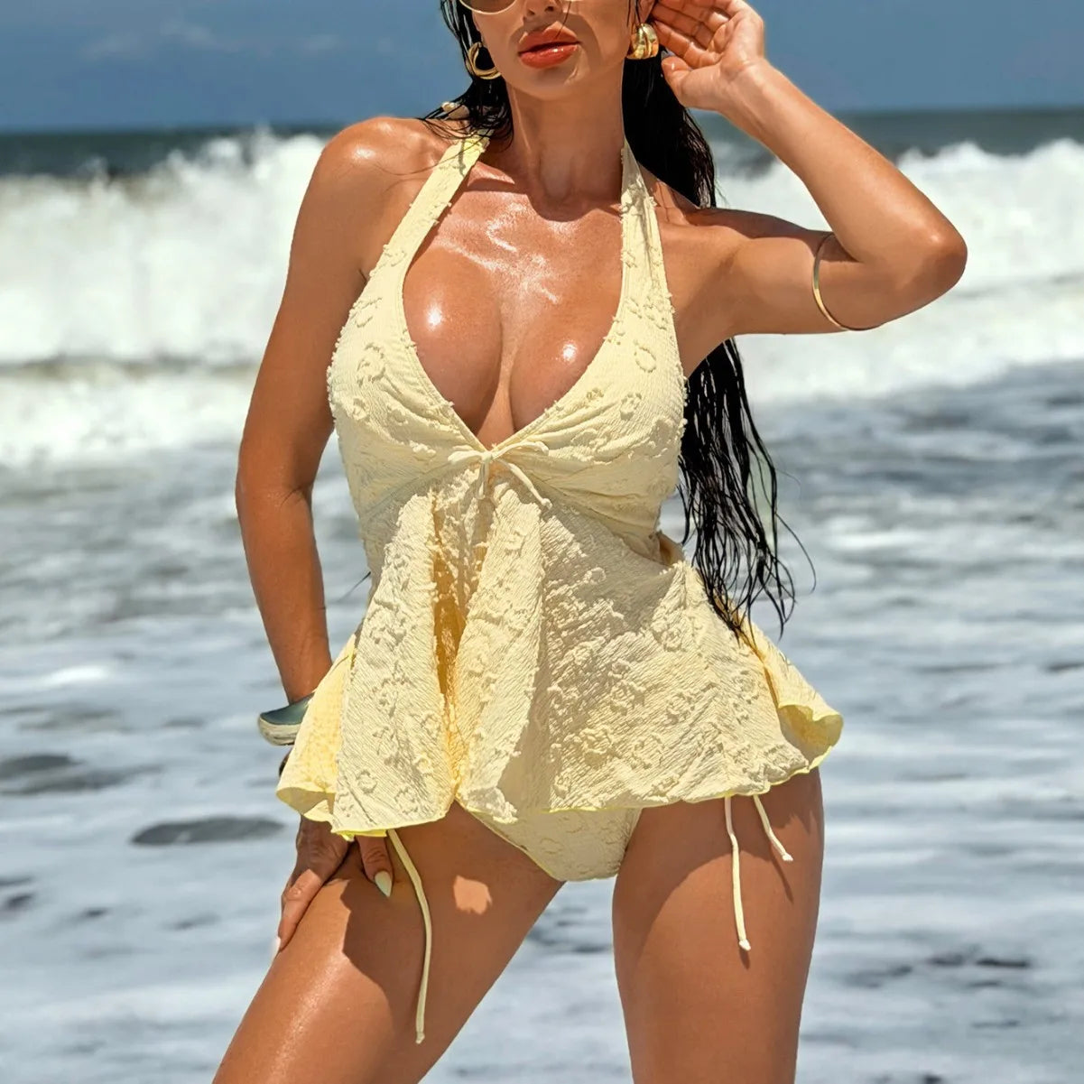 Solid Backless Swimwears Textured Halter Tankini Swimsuit Ruffled Top with Side Tie Bottom