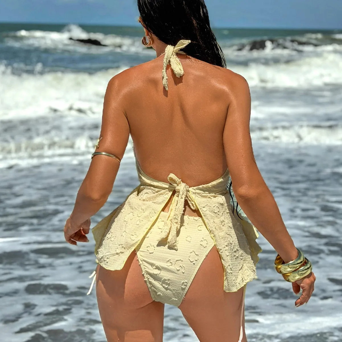 Solid Backless Swimwears Textured Halter Tankini Swimsuit Ruffled Top with Side Tie Bottom