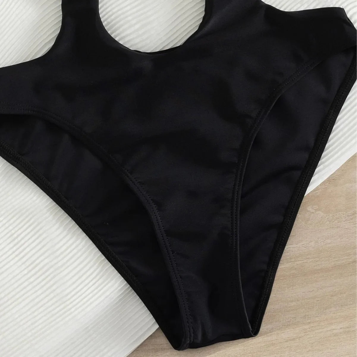 Solid Black One Piece Suits Backless Swimsuit Halter Double Circle Gold Buckle Dual Side Cutout High Cut Beach Swimwear