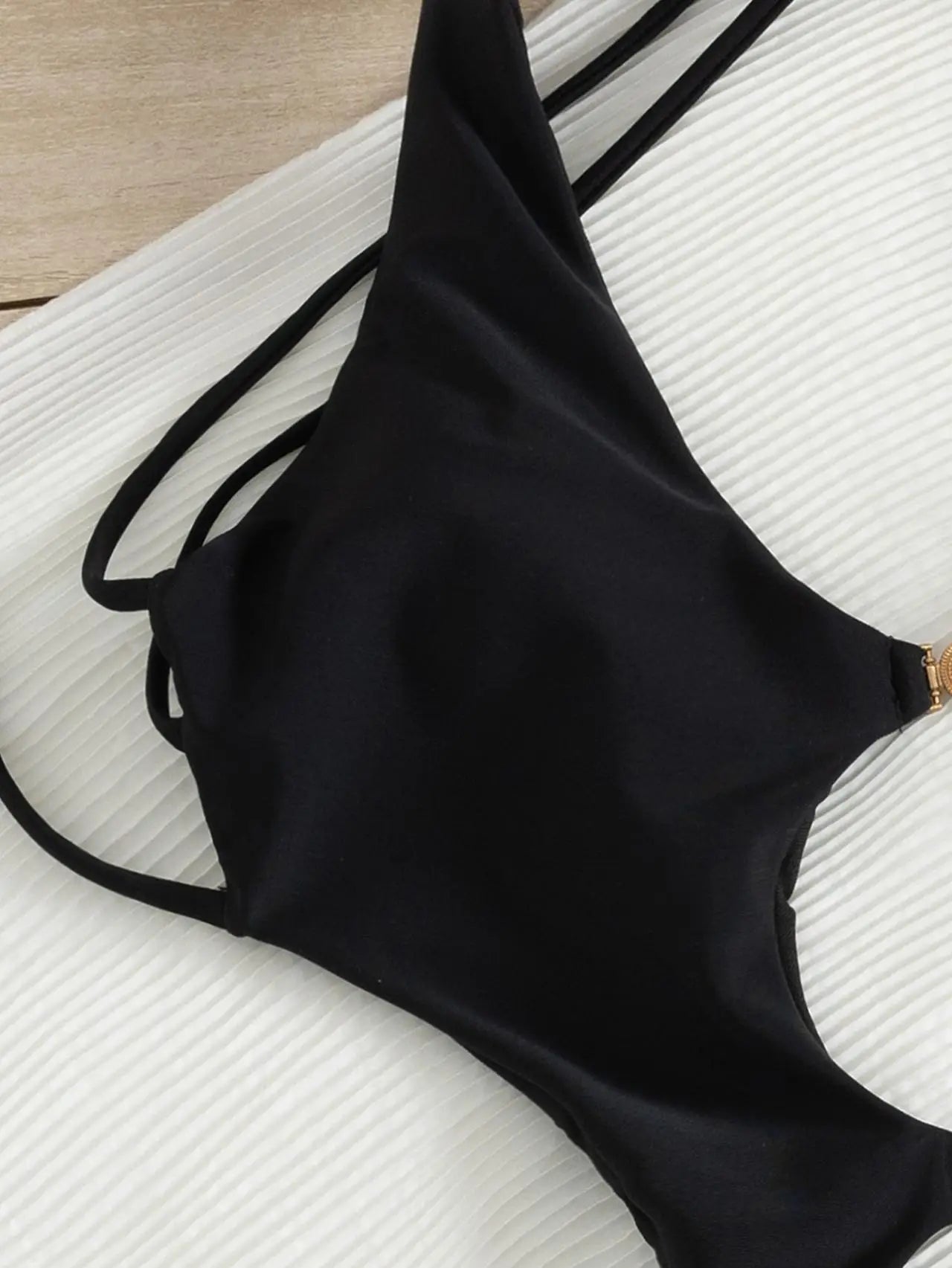 Solid Black One Piece Suits Backless Swimsuit Halter Double Circle Gold Buckle Dual Side Cutout High Cut Beach Swimwear