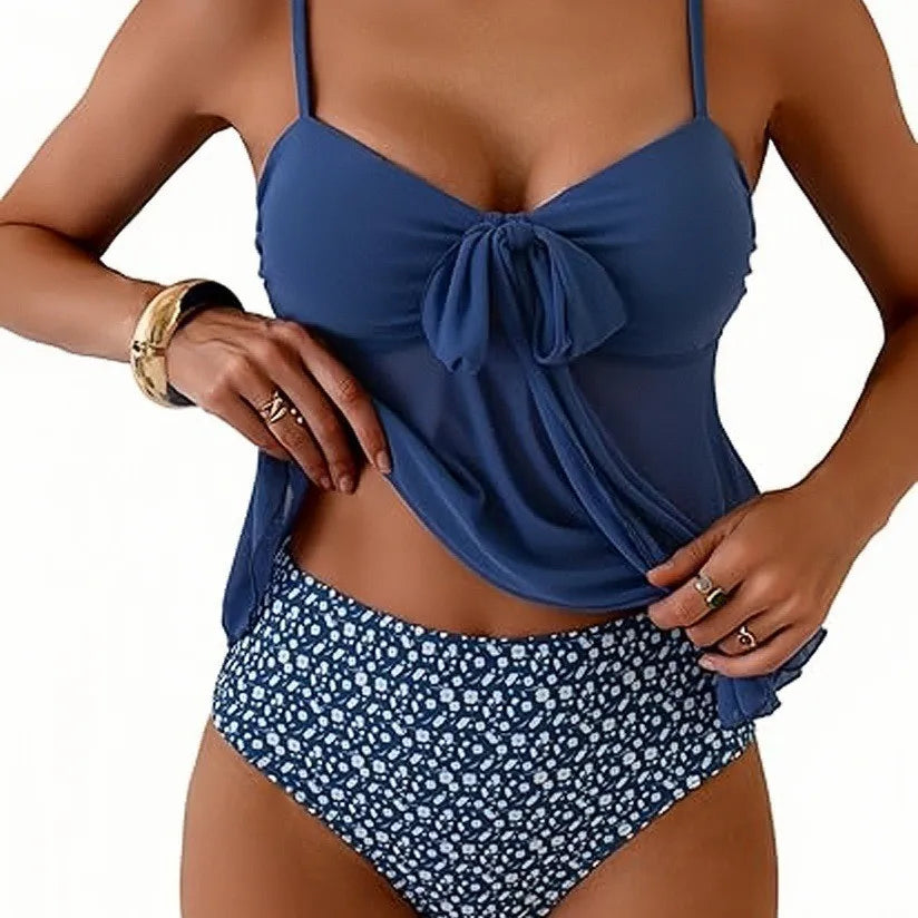 Solid Front Bow Chiffon Bikinis Set