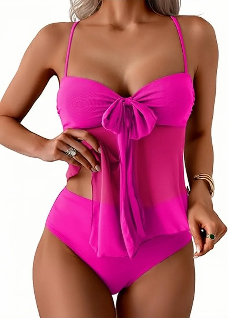 Solid Front Bow Chiffon Bikinis Set