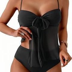 Solid Front Bow Chiffon Bikinis Set