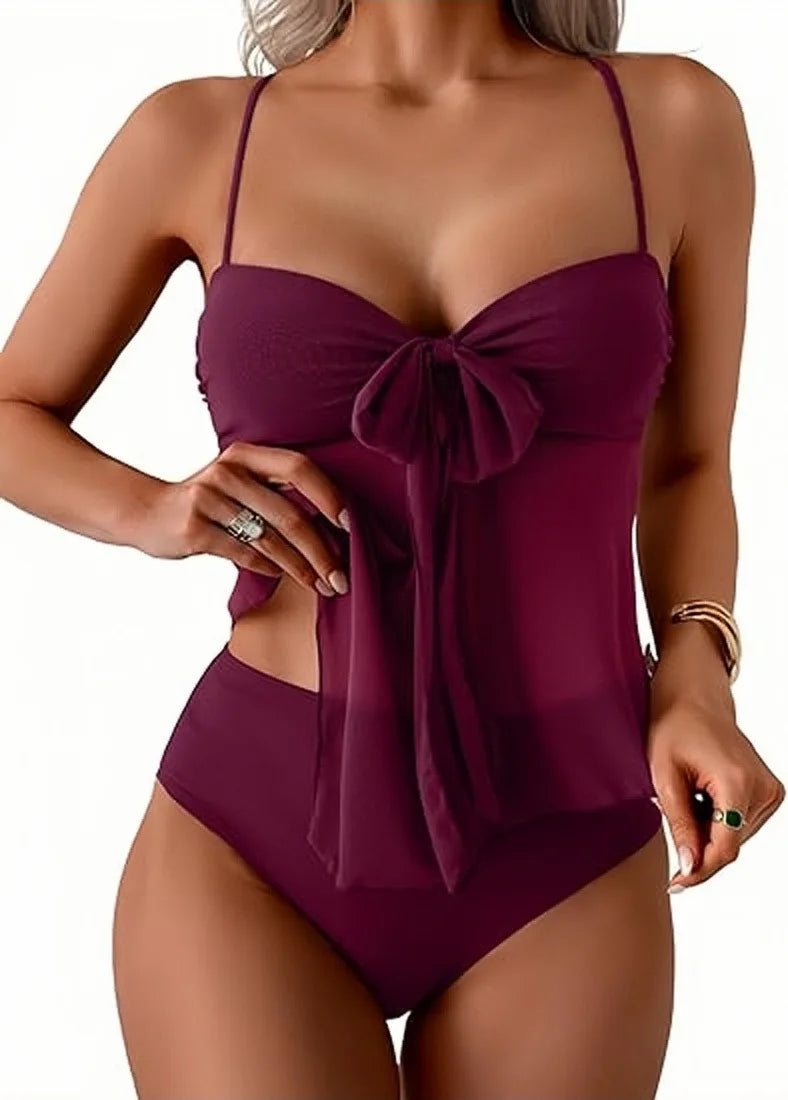 Solid Front Bow Chiffon Bikinis Set