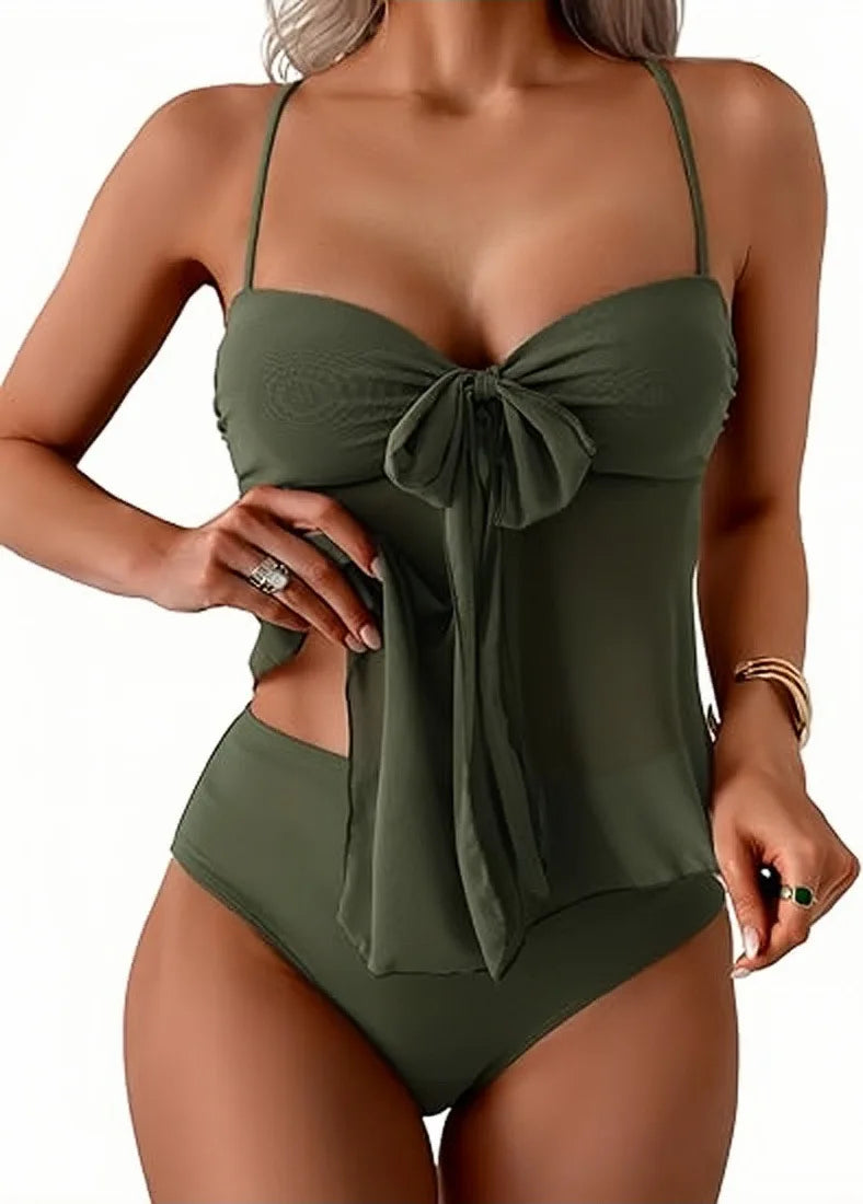 Solid Front Bow Chiffon Bikinis Set