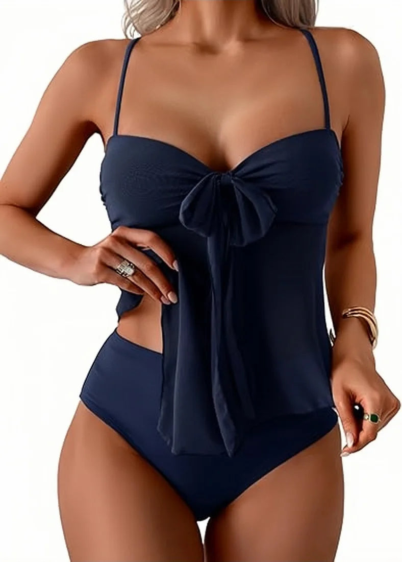 Solid Front Bow Chiffon Bikinis Set