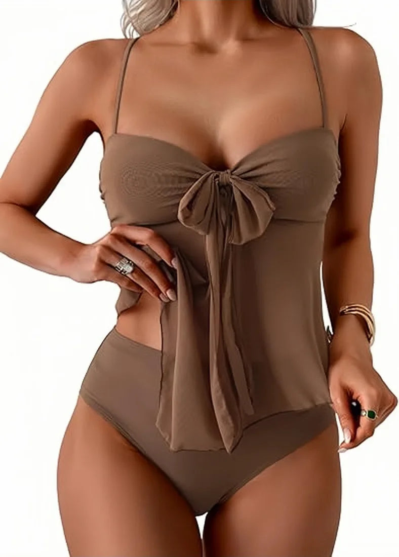Solid Front Bow Chiffon Bikinis Set