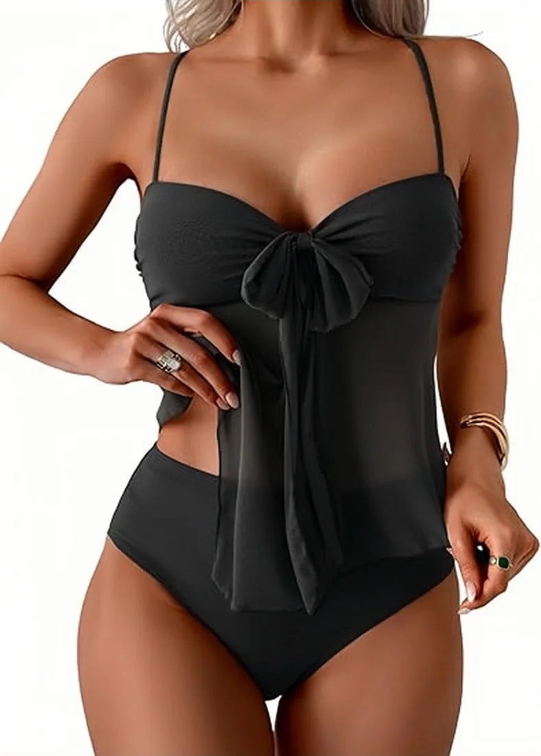 Solid Front Bow Chiffon Bikinis Set
