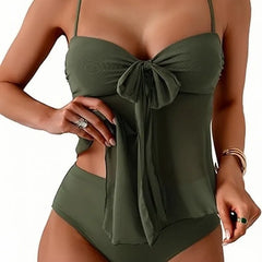 Solid Front Bow Chiffon Bikinis Set