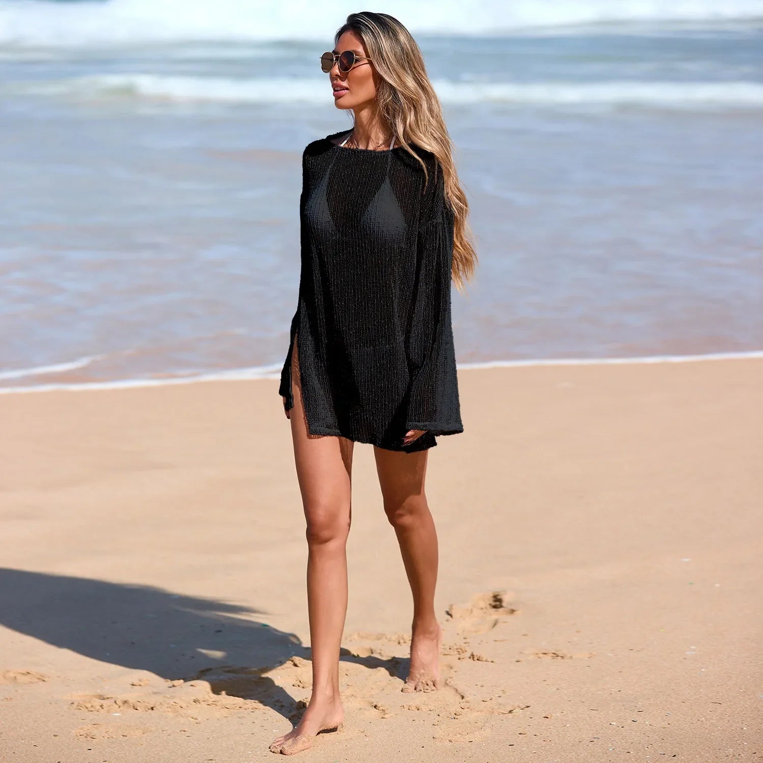 Solid Hollow Mesh Beach Cover Up Long Sleeve Crew Neck Loose Side Slit Oversized Tunic Dress Swim Cover Up