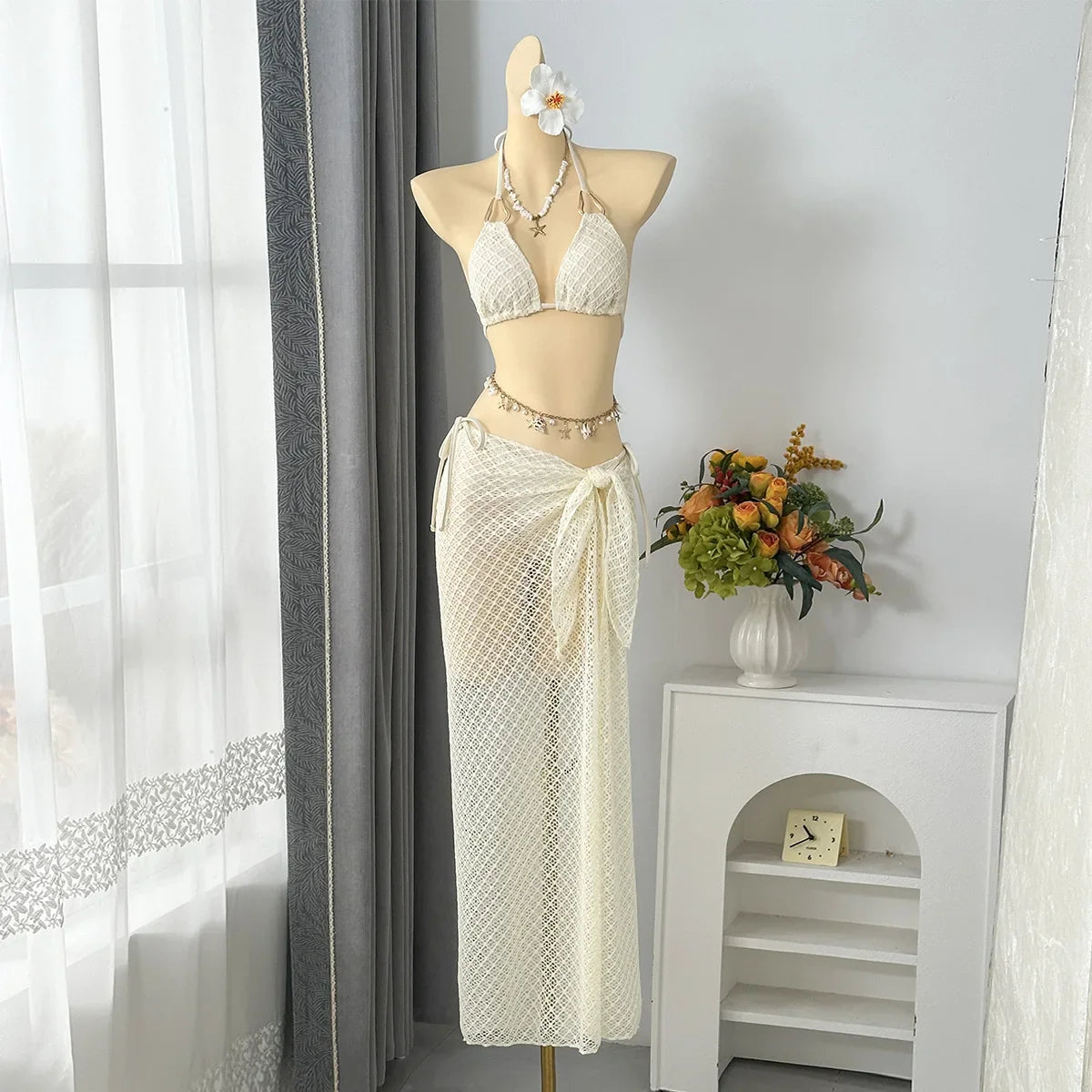 Solid Knit Crochet 3 Piece Bikini Set