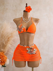 Solid Mesh Crochet 3 Piece Bikini Set