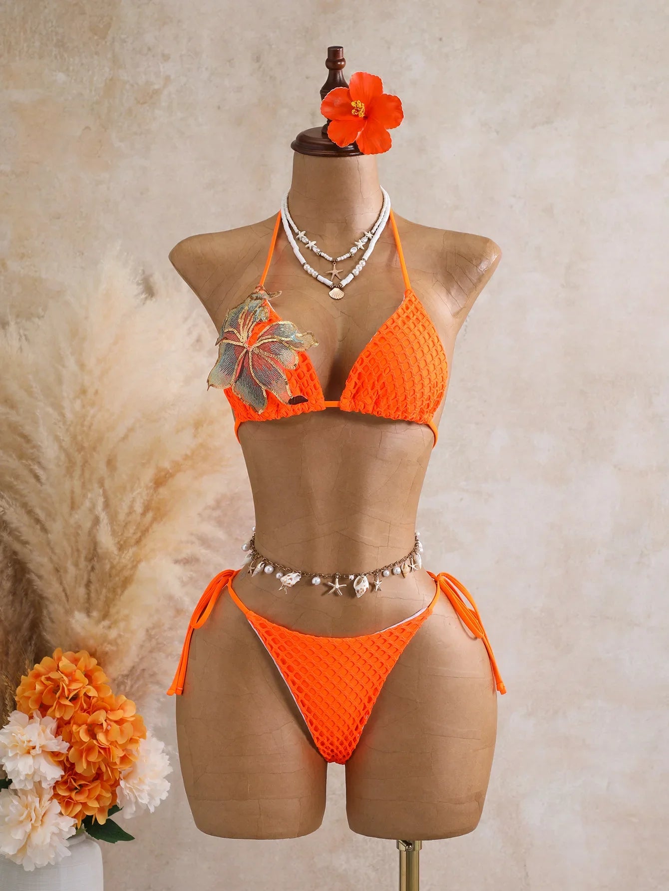Solid Mesh Crochet 3 Piece Bikini Set