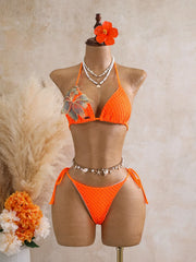 Solid Mesh Crochet 3 Piece Bikini Set