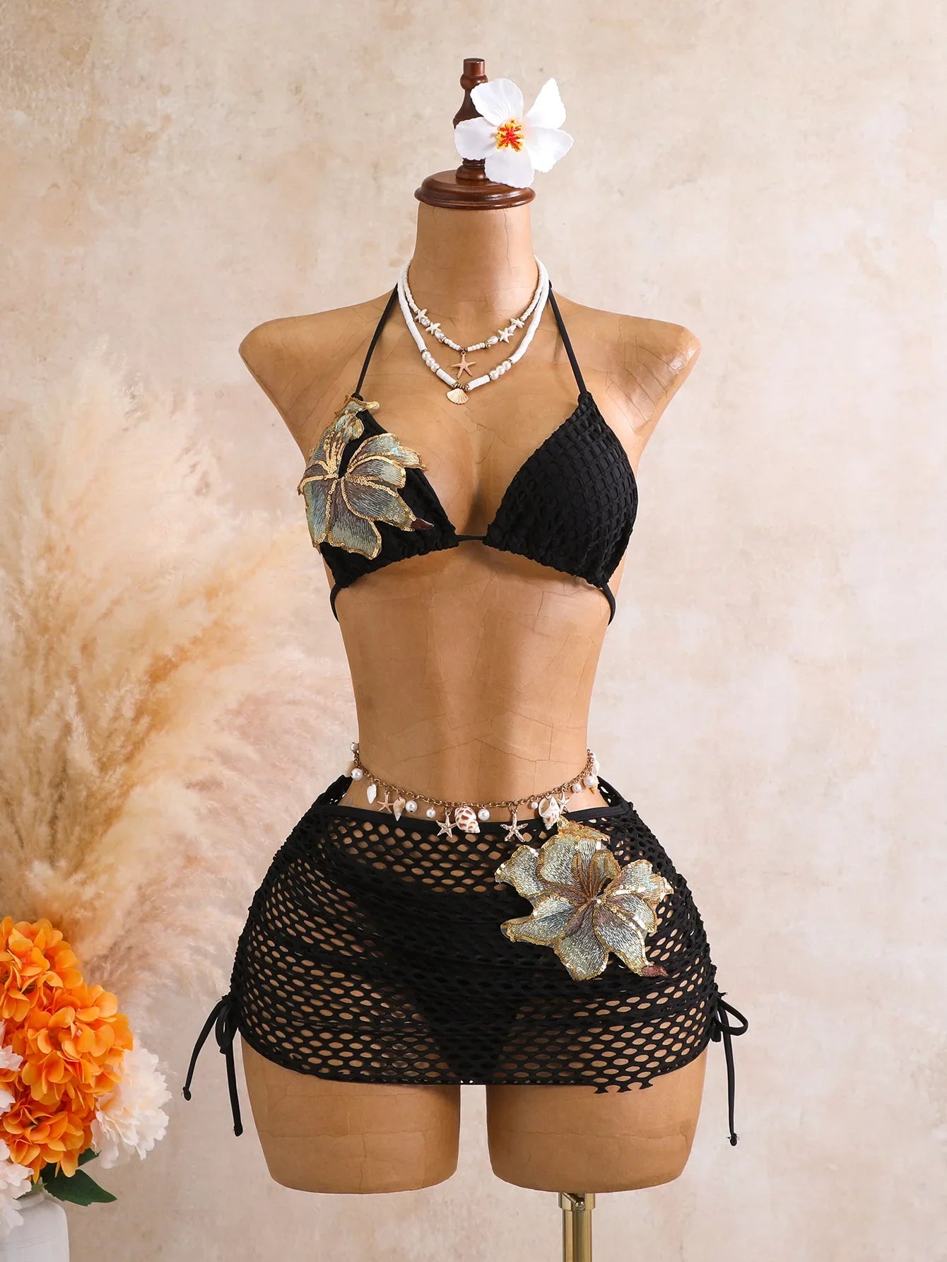 Solid Mesh Crochet 3 Piece Bikini Set