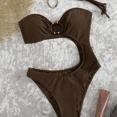 Solid One Piece Suits Swimsuit Spaghetti Strap Metal Buckle Front Cutout High Cut Beach Swimwear Bodysuits