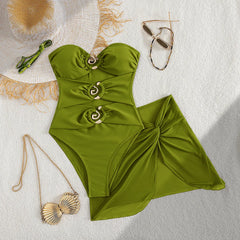 Solid Strapless 2 Piece Swimsuit G Metal Ring Cutout One Piece Bikini + Twist Mesh Wrap Skirt Cover Up Beach Swimwear
