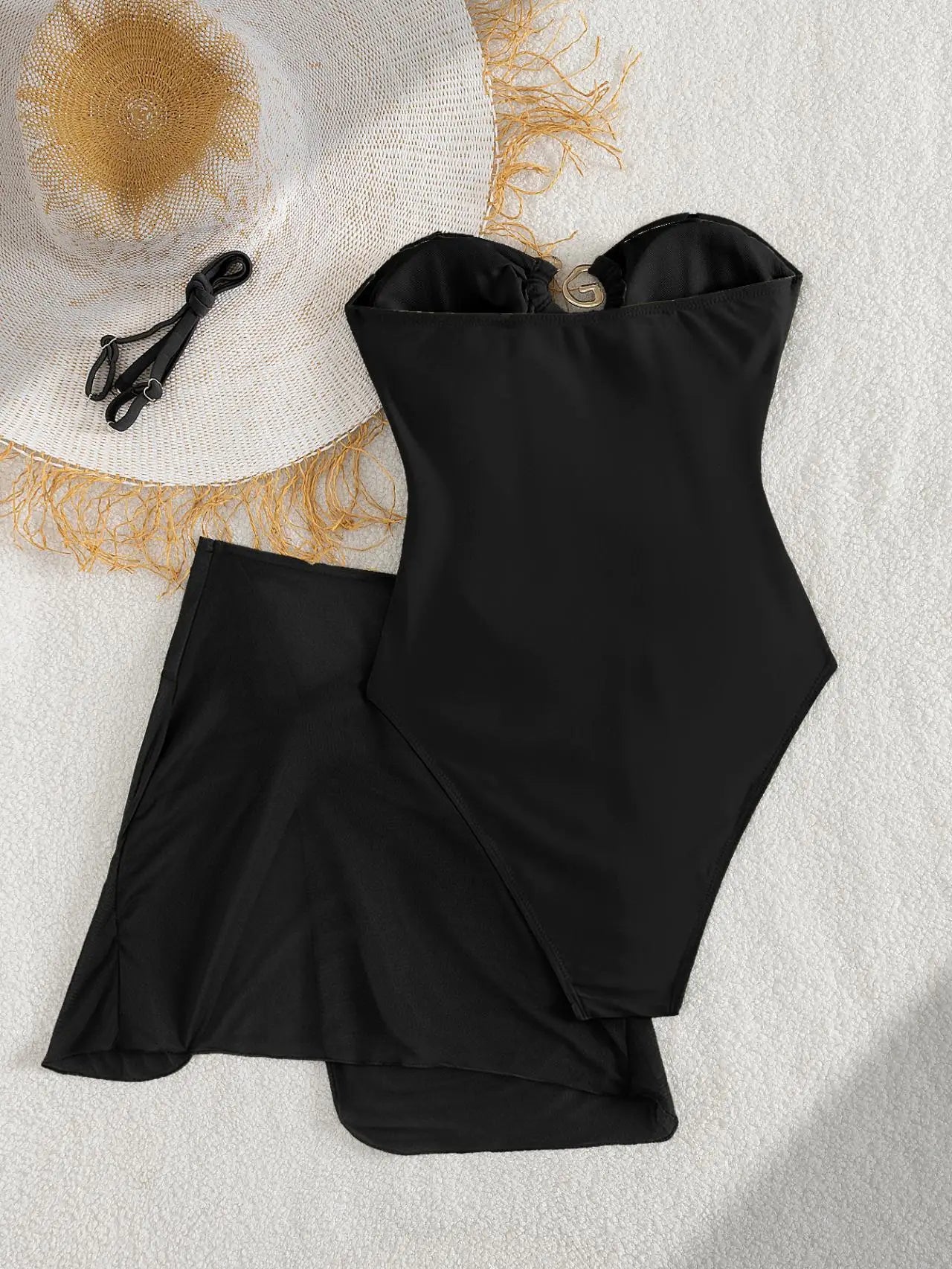 Solid Strapless 2 Piece Swimsuit G Metal Ring Cutout One Piece Bikini + Twist Mesh Wrap Skirt Cover Up Beach Swimwear