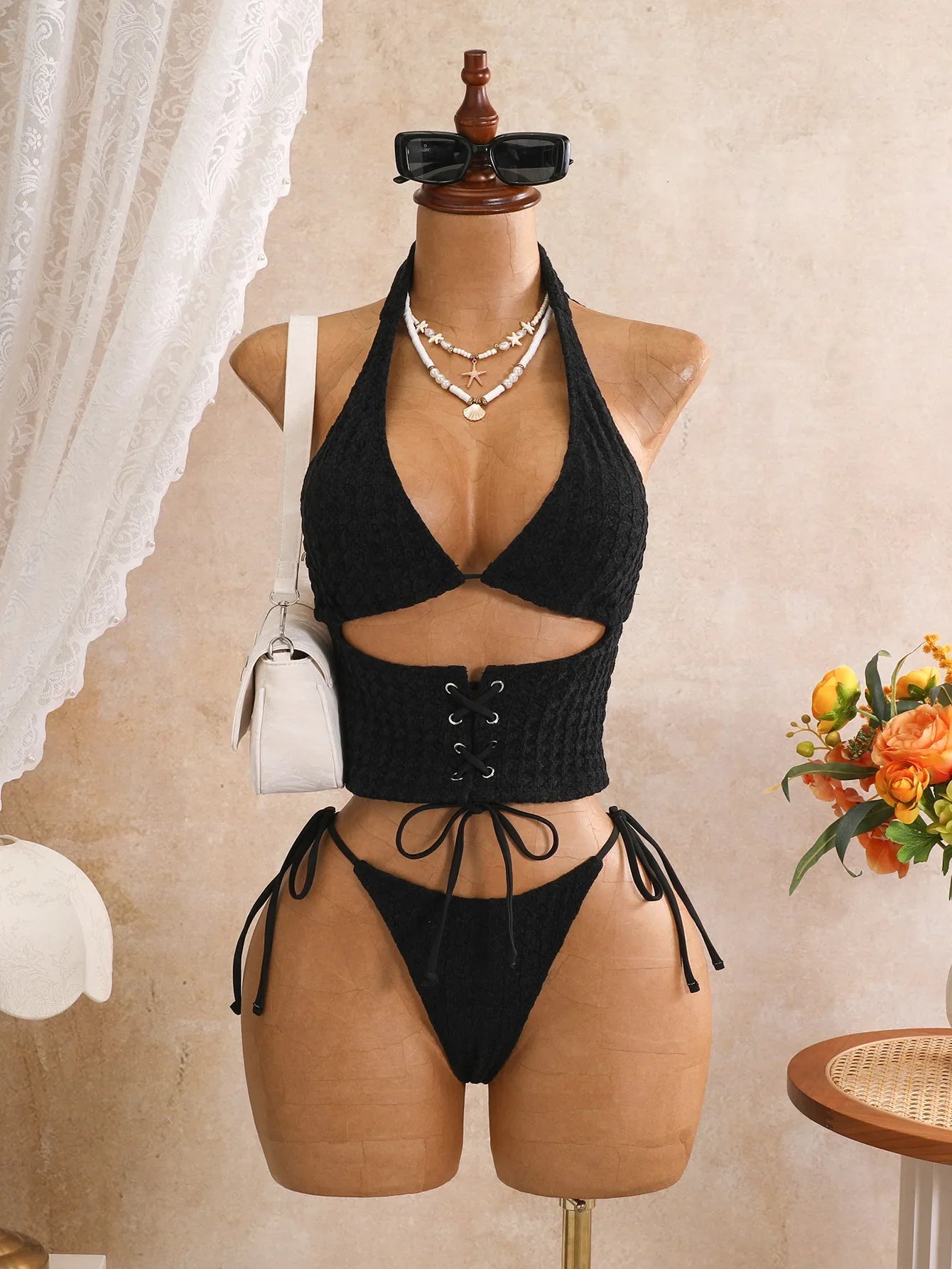 Solid Textured Bubble Fabric 2 Piece Bikini Set