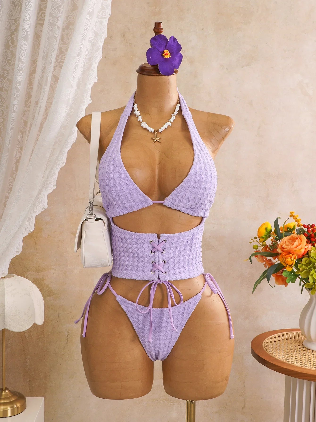 Solid Textured Bubble Fabric 2 Piece Bikini Set