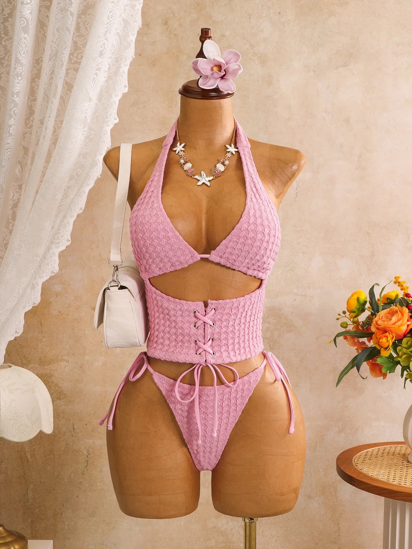 Solid Textured Bubble Fabric 2 Piece Bikini Set