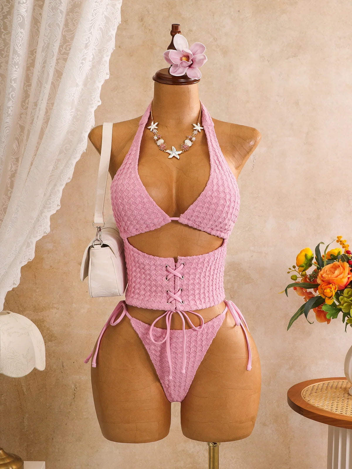 Solid Textured Bubble Fabric 2 Piece Bikini Set