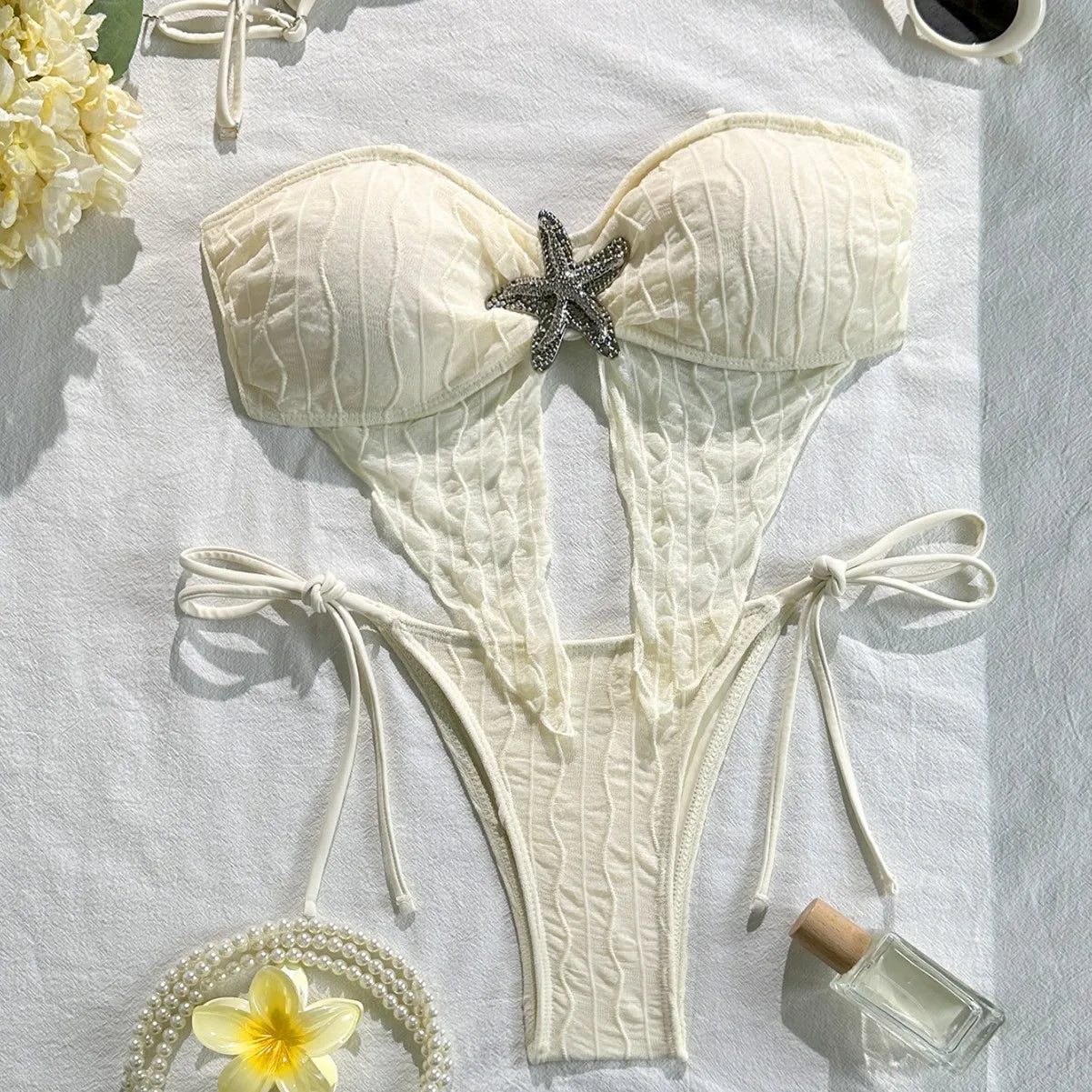 Solid Textured Spaghetti Strap Bikini Set