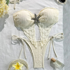 Solid Textured Spaghetti Strap Bikini Set