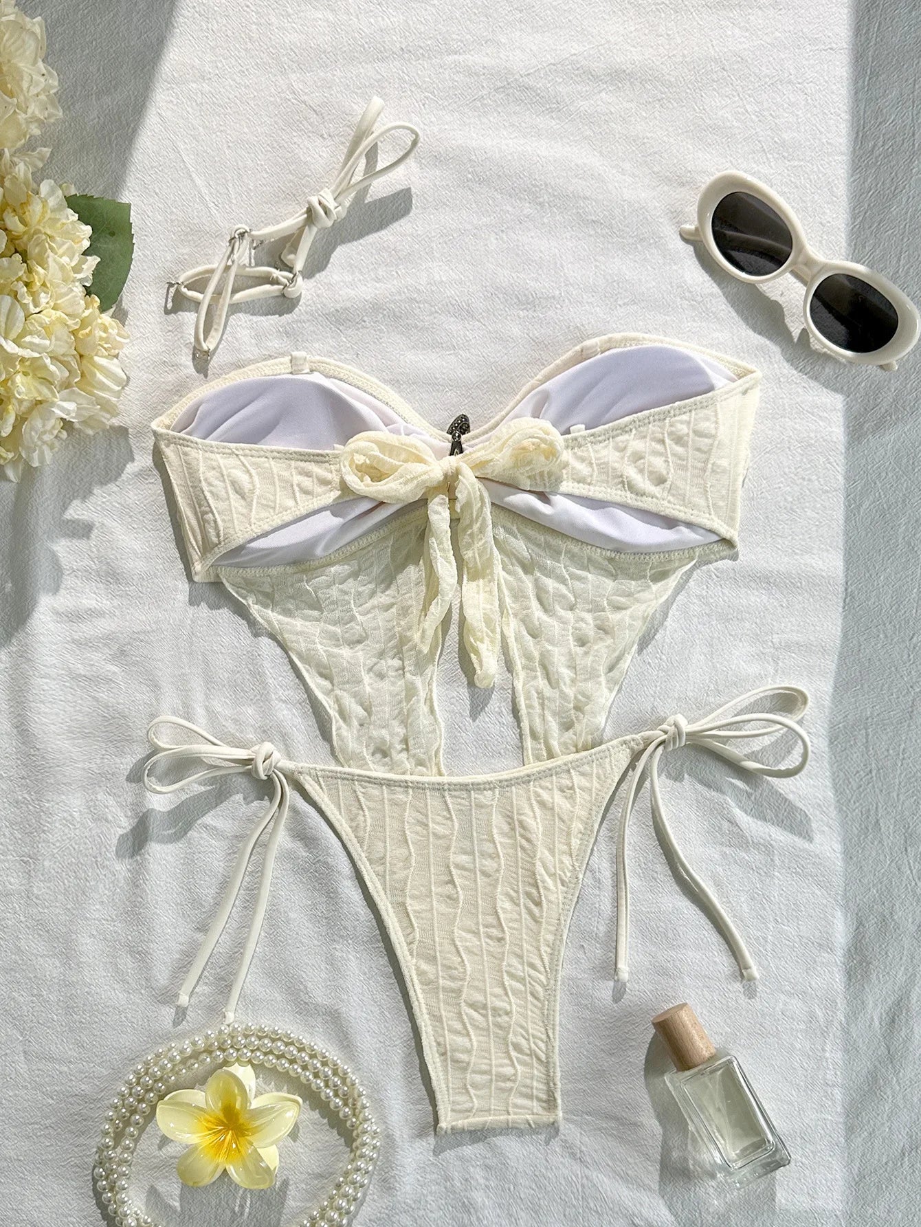 Solid Textured Spaghetti Strap Bikini Set