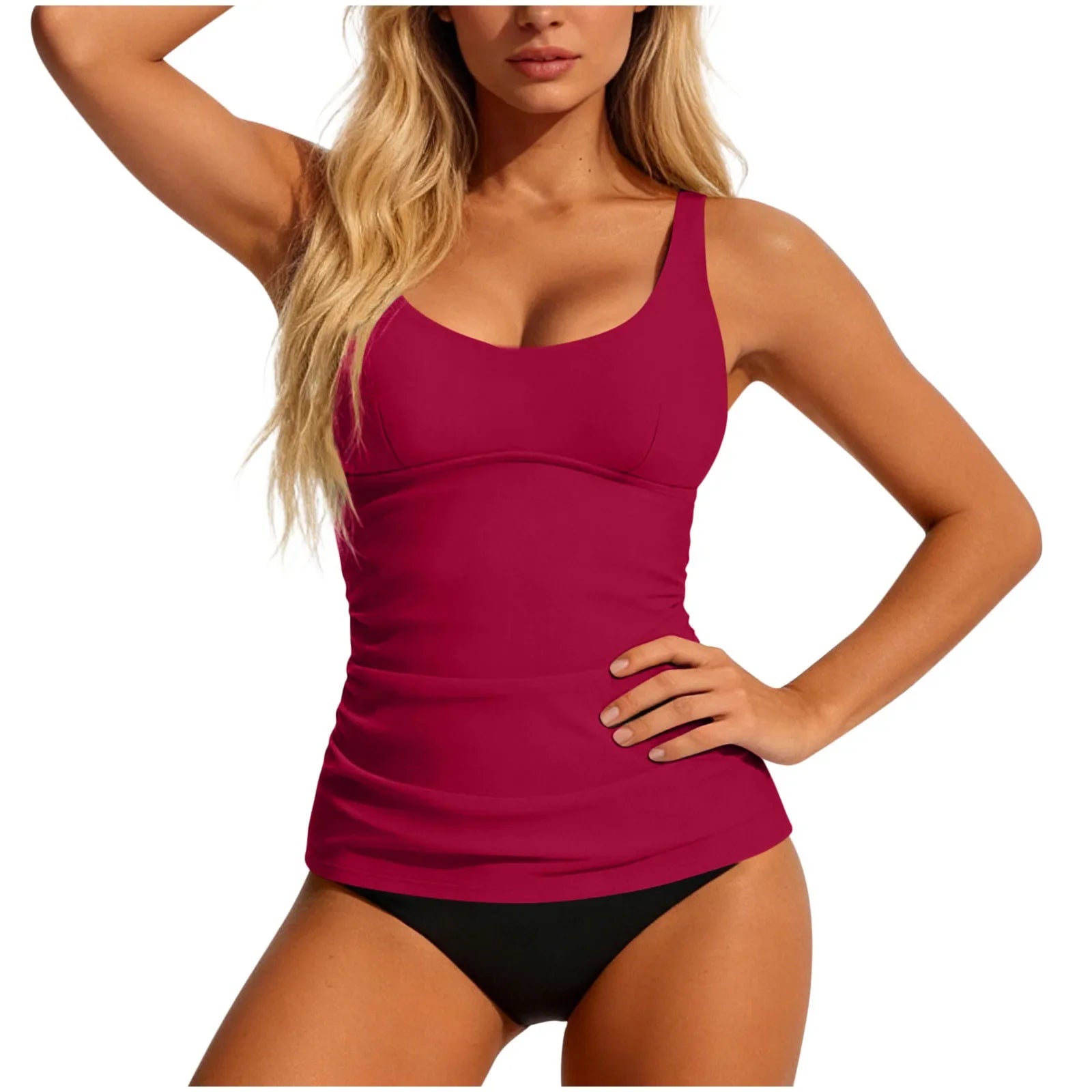Solid U Neck Ruched Tankini 2 Piece Swimsuit Spaghetti Strap Tank High Cut Tummy Control Beach Swimwear Bikinis Set