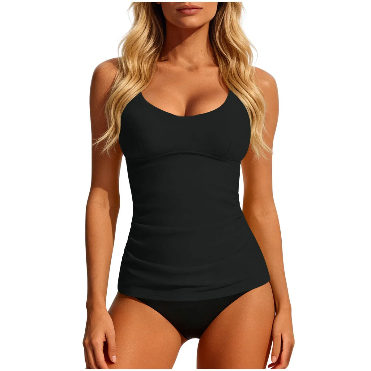 Solid U Neck Ruched Tankini 2 Piece Swimsuit Spaghetti Strap Tank High Cut Tummy Control Beach Swimwear Bikinis Set