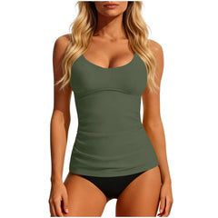 Solid U Neck Ruched Tankini 2 Piece Swimsuit Spaghetti Strap Tank High Cut Tummy Control Beach Swimwear Bikinis Set