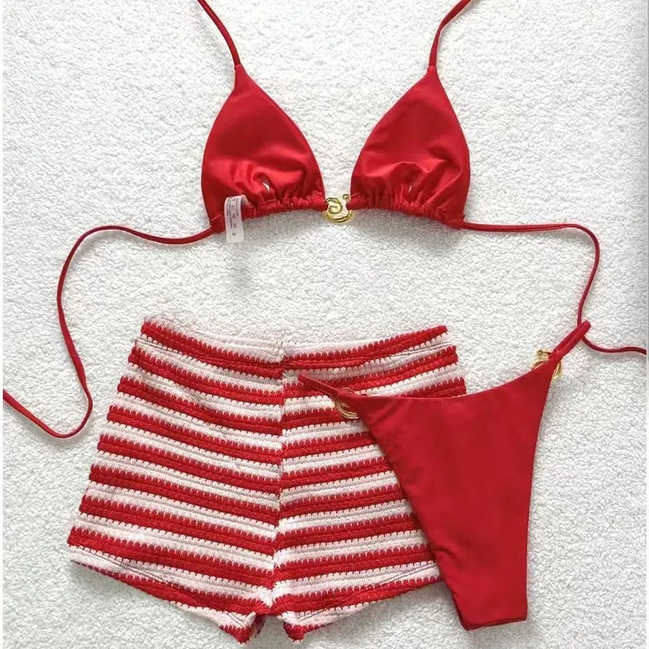 Stripe Crochet Short 3 Piece Bikini Set