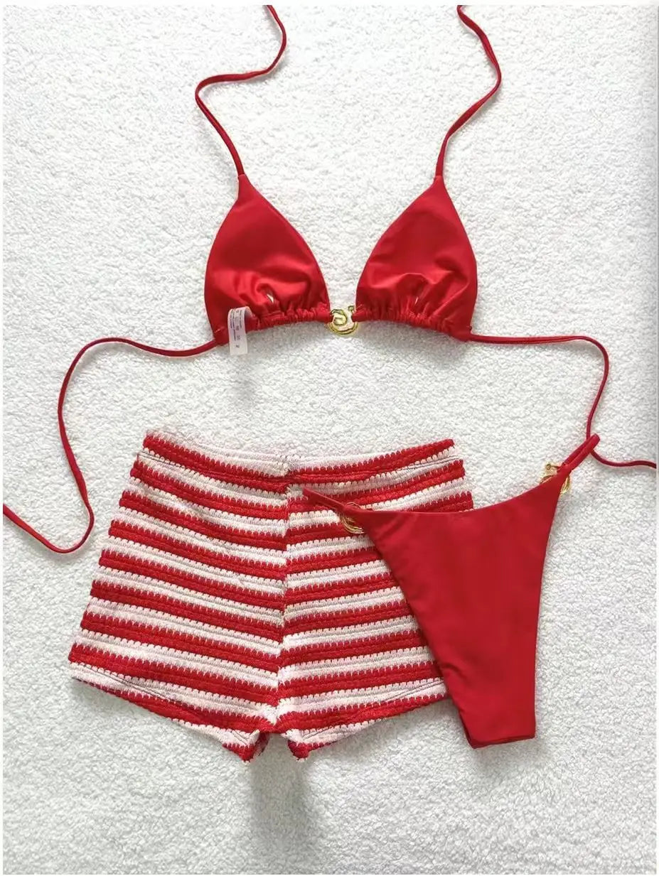Stripe Crochet Short 3 Piece Bikini Set