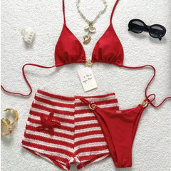 Stripe Crochet Short 3 Piece Bikini Set