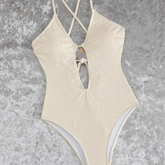 Textured One Piece Swimsuit Crisscross Thin Strap Deep V Star Pendant Front Tie Cutout High Cut Cheeky Beach Swimwear