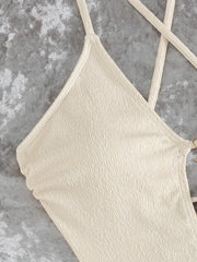 Textured One Piece Swimsuit Crisscross Thin Strap Deep V Star Pendant Front Tie Cutout High Cut Cheeky Beach Swimwear