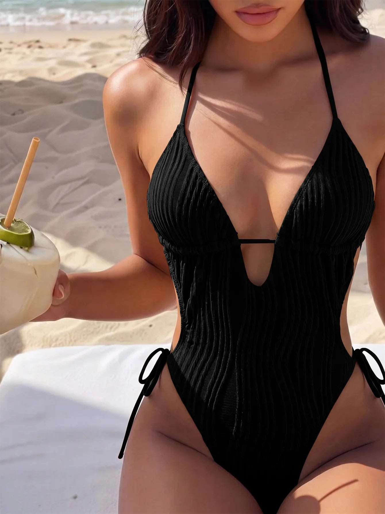 Textured Ribbed One Piece Suits Swimsuit Knit Fabric Halter Tie Strap Deep V Front Cutout High Cut Leg Slimming Monokini
