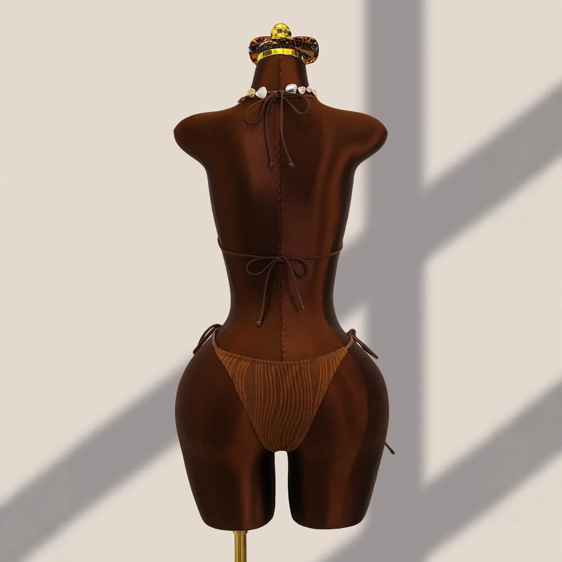 Textured Ribbed One Piece Suits Swimsuit Knit Fabric Halter Tie Strap Deep V Front Cutout High Cut Leg Slimming Monokini